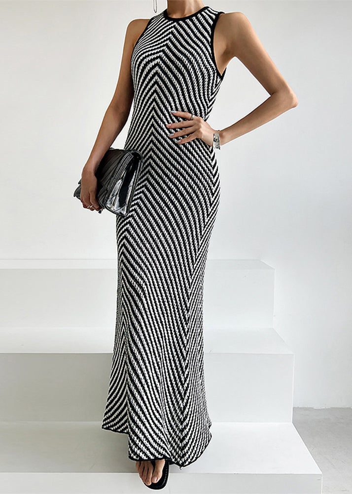 Robe en tricot rayée noire sans manches, coupe ajustée, longueur cheville, TZ024