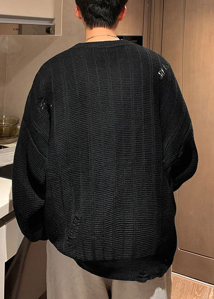 Pull simple en tricot vert armée brodé ajouré pour homme, hiver QF038