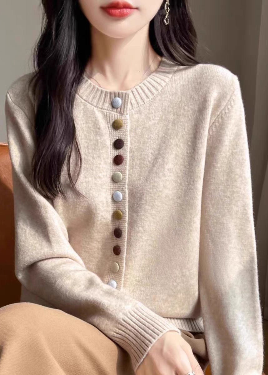 Einfache Beige O Neck Button Wollmäntel Frühling TF029