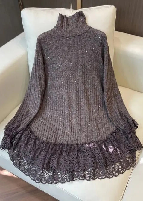Simple Black Sequins Patchwork Lace Knit Pullover Spring YF023