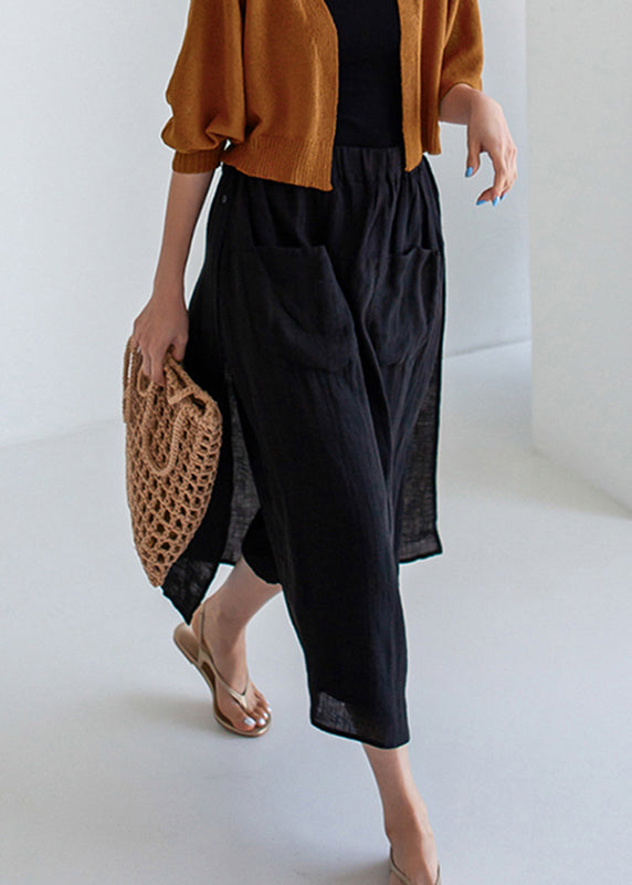 Jupe pantalon simple en lin noir à ouverture latérale pour l'été TZ029