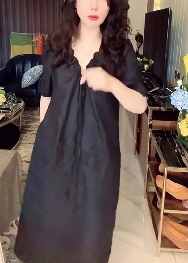 Simple Pockets Black Long Neck Up Summer Dress Linen V Lace