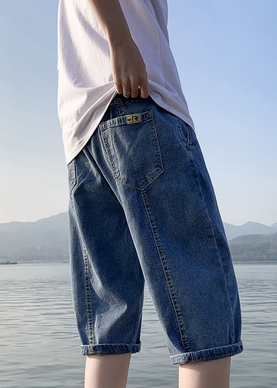 Pantalon court en denim bleu simple avec poches et taille élastique pour homme, couleur unie, été YL030