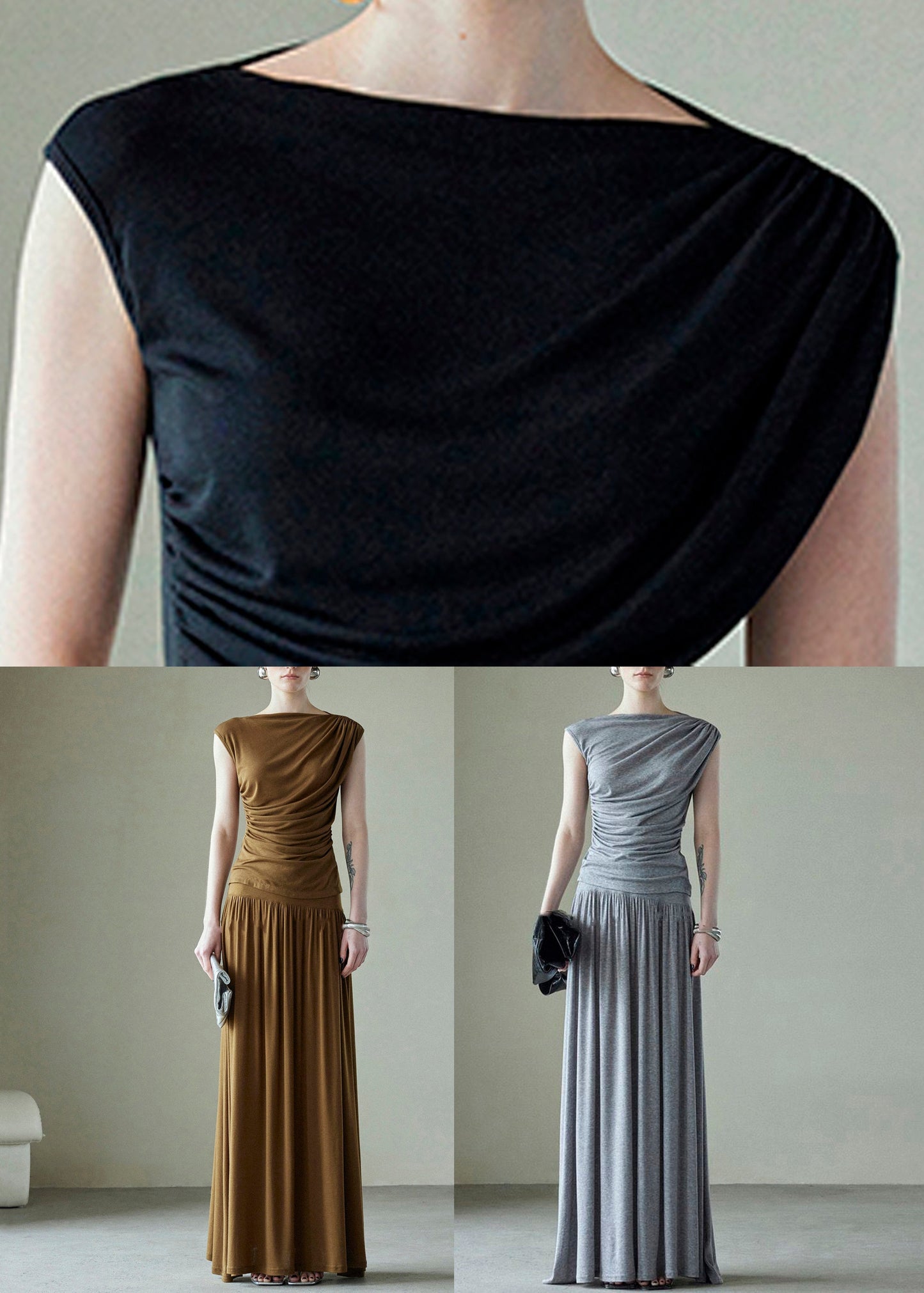 Ensemble de deux pièces froissées en coton marron, simple et original