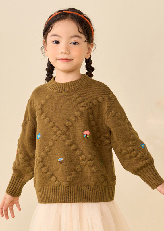 Pull simple en tricot de coton épais à imprimé marron pour fille, manches bouffantes WL041