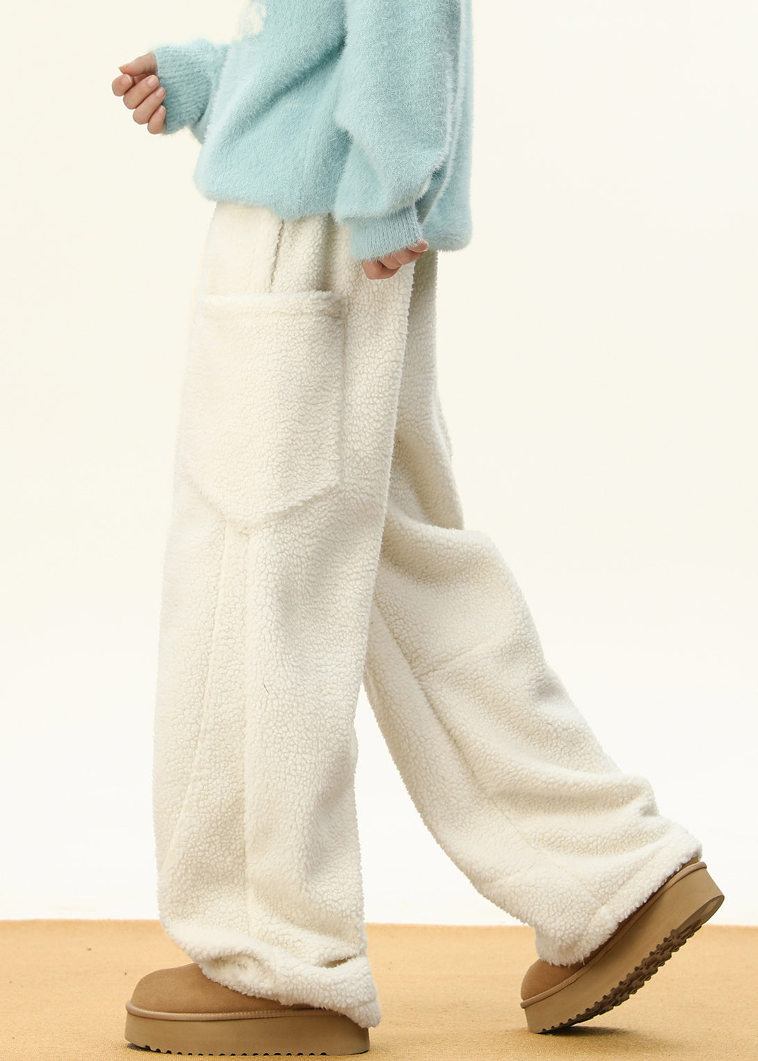 Simple Coffee Taschen Elastische Taille Teddy Kunstpelz Herrenhose Winter RM022