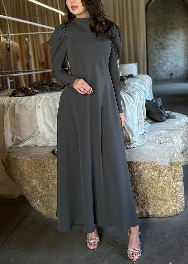 Einfache Grau Solide Hohe Taille Baumwolle Lange Kleider Herbst QL013