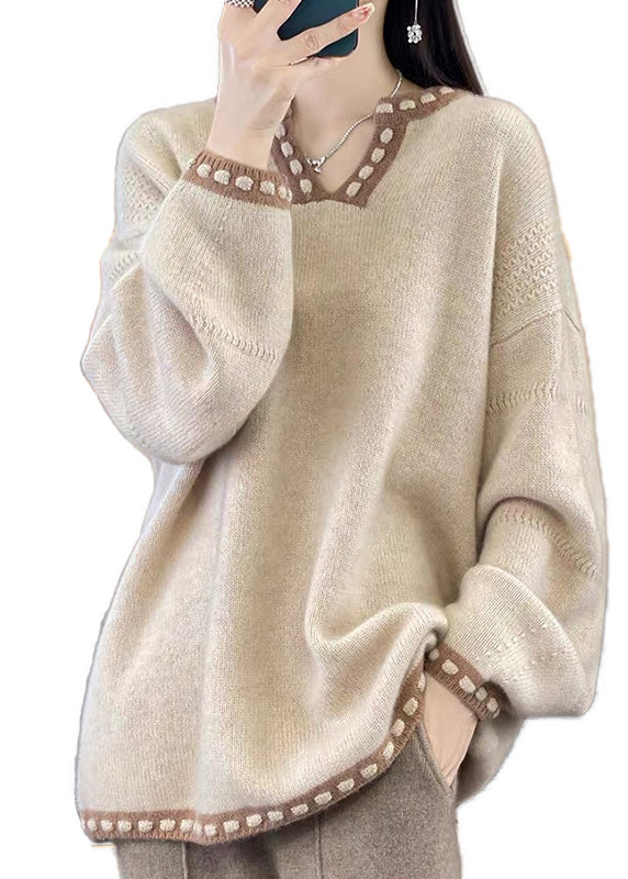 Einfache Licht Kamel V-Ausschnitt Patchwork Strickpullover Frühling YY041