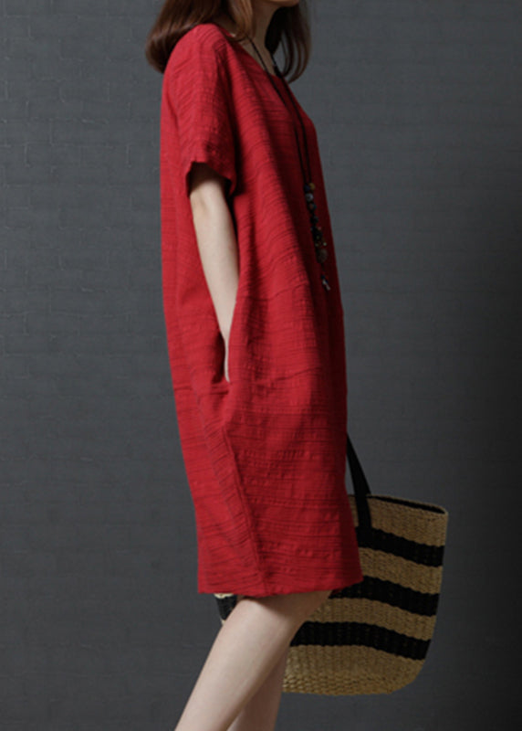 Simple Linen Summer Oversized Mid Red Dress