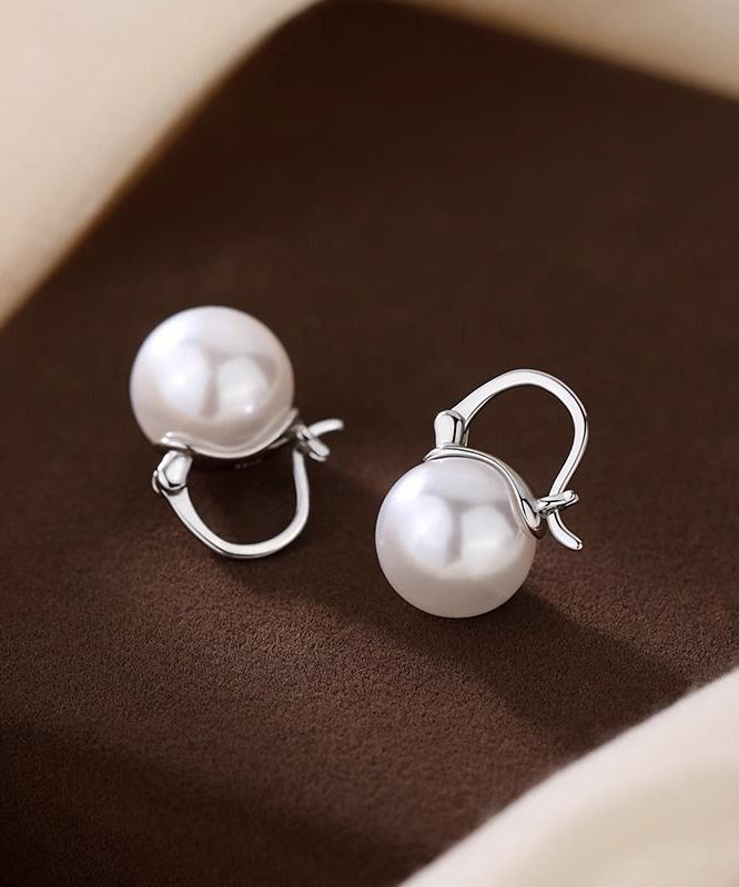 Earrings Pearl White Silver Hoop Simple Sterling