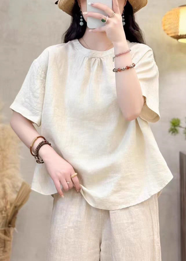O Summer Solid Neck Cotton Yellow Simple Shirt