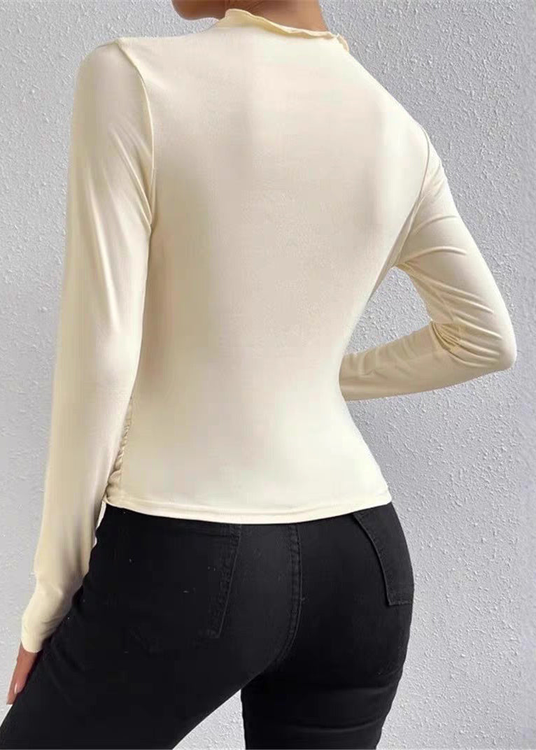 Slim Fit Beige Faltig Solide Baumwolle T Shirts Frühling YZ057