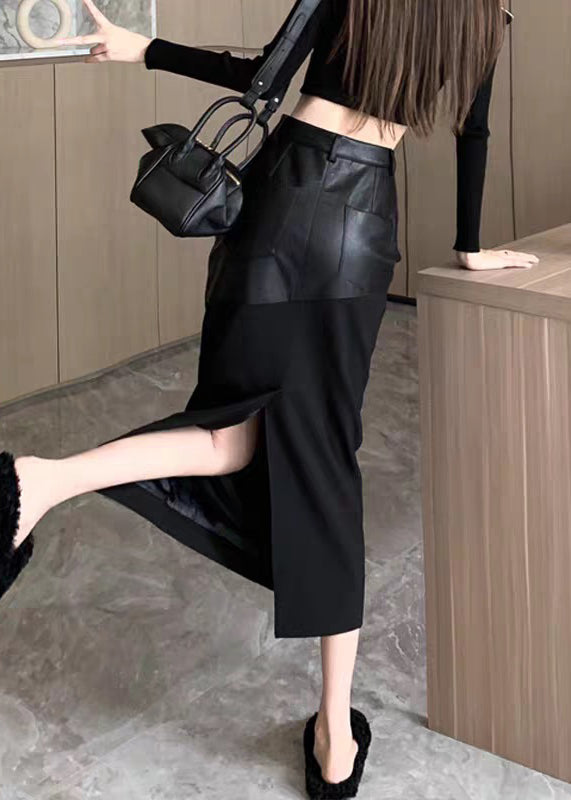 Black Slim Back Open Fit Patchwork Skirts Leather Faux Side