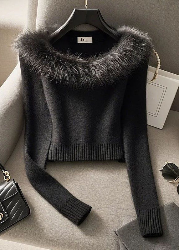 Slim Fit Schwarzer Baumwoll-Strickpullover mit Pelzkragen, Winter RK007