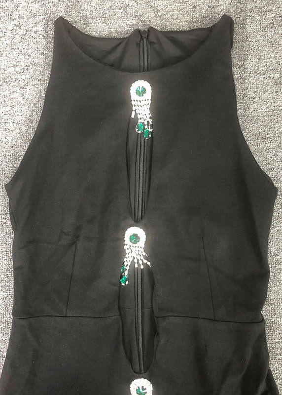 Robe longue moulante en coton sans manches avec zircons, ajourée, noire