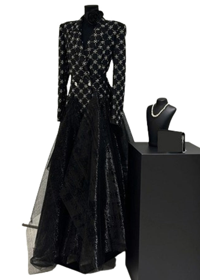 Slim Fit Schwarzes kariertes Patchwork-Maxikleid aus Tüll für den Herbst WZ024
