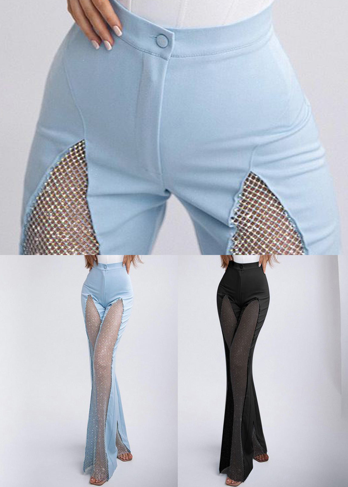 Pantalon slim bleu en élasthanne patchwork ajouré pour l'été