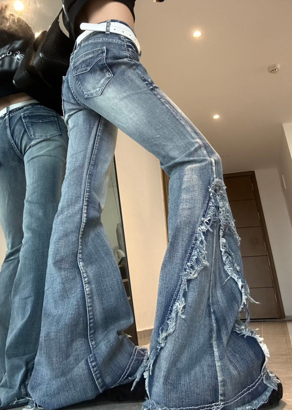 Slim Fit Blaue Schlaghose aus Denim mit Quasten und hoher Taille, Herbst QF050