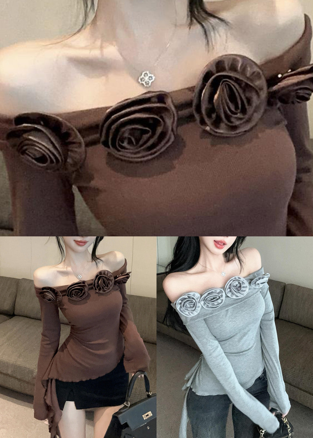Slim Fit Kaffeefarbenes asymmetrisches Blumentop Frühling RP015