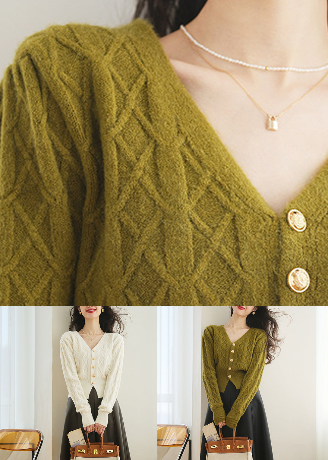 Slim Fit Grüner Strickpullover mit V-Ausschnitt und Knöpfen, Frühling TF009