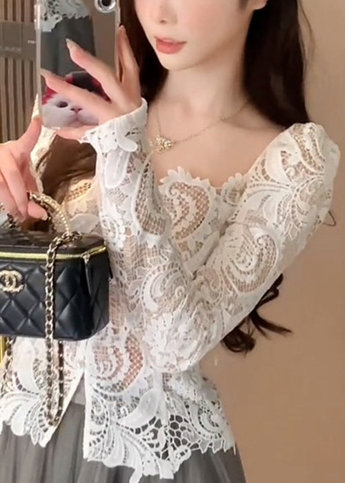 Lace Slim Out Fall Collar Fit Hollow Square White Shirt