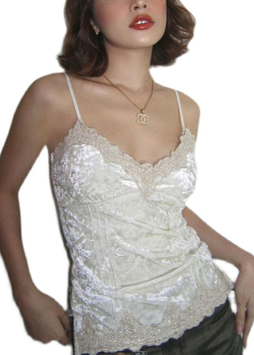 Spaghetti Silk Slim Neck Strap Fit Patchwork Velour Lace White V