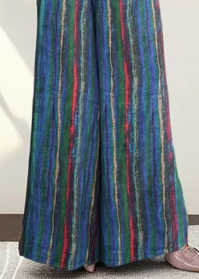 Striped Blue Elastic Waist Leg Pockets Wide Pants Cotton Fall