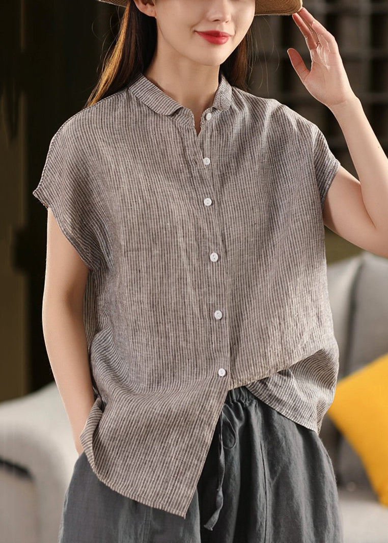 Striped Button Blouse Summer Linen Pan Collar Peter Coffee