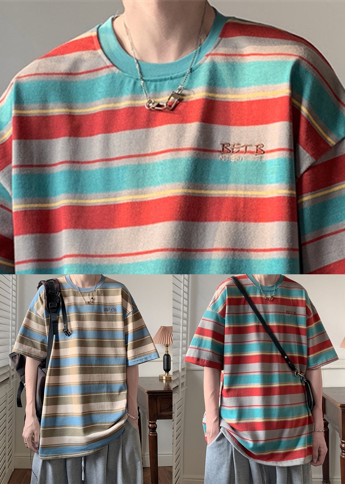 Half Sleeve Patchwork Shirts Cotton T Men O Red Striped Neck