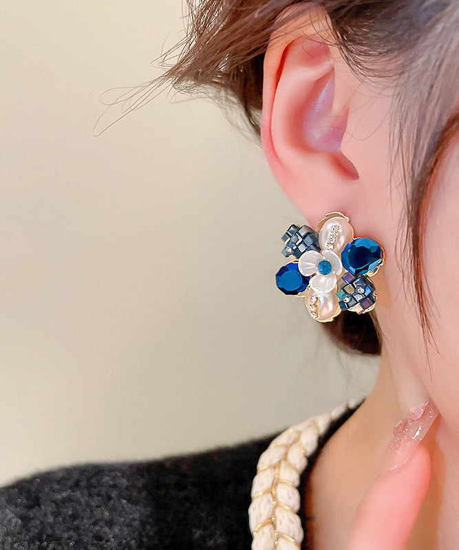 Boucles d'oreilles à tige florales en cuivre, perles et zircons, style colorblock, ET016