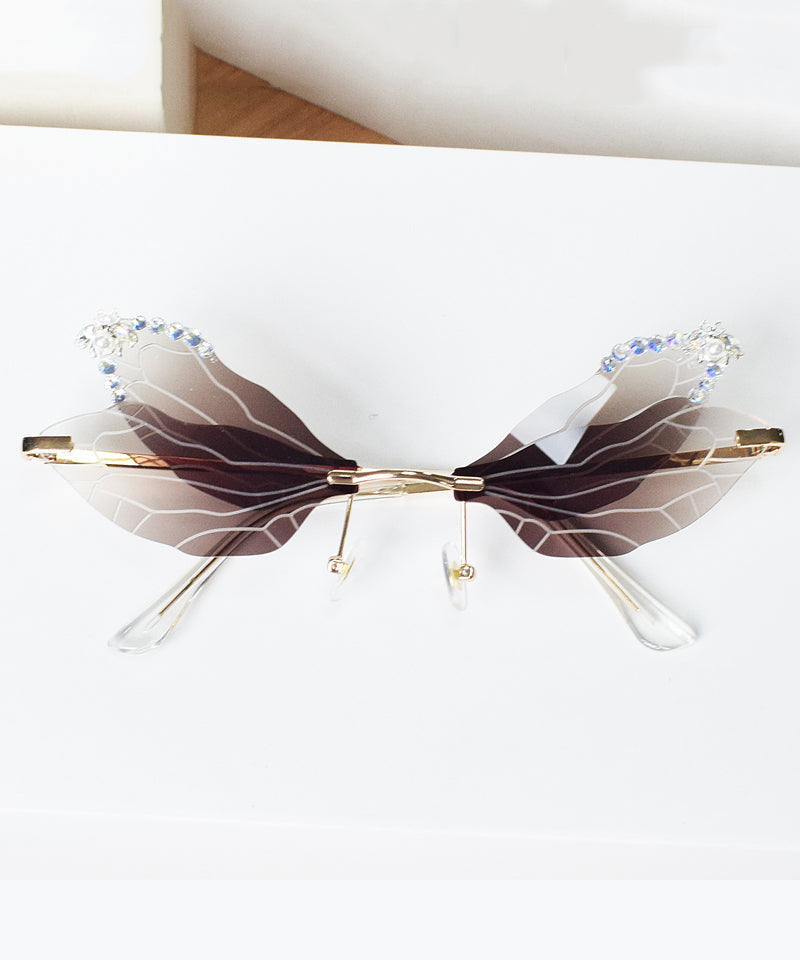 Style Frameless Diamond Inlaid Bee Butterfly Sunglasses Brown XS1085