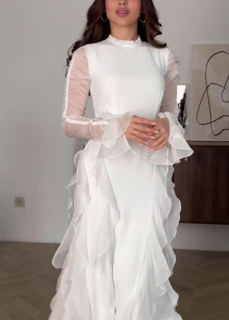 Robe longue en mousseline de soie rose à volants style patchwork automne QL039