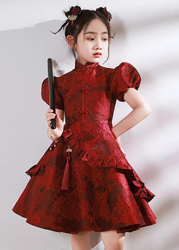 Robe longue asymétrique rouge à col volanté pour enfant