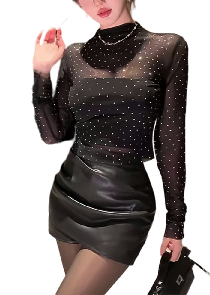 Style Sexy Black Half High Neck Zircon Tulle Top Fall AL1074