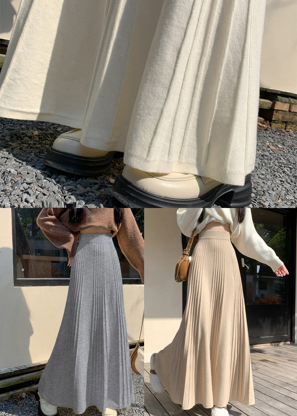Stylish Beige Exra Large Hem Knit A Line Skirt Spring YP055