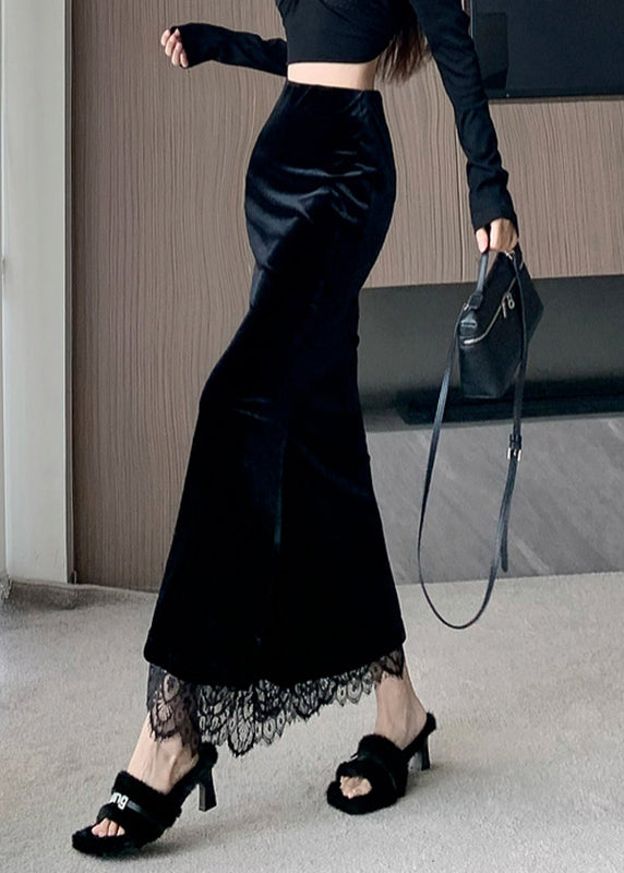 Lace Stylish Velvet Skirts Spring Black Patchwork Silk