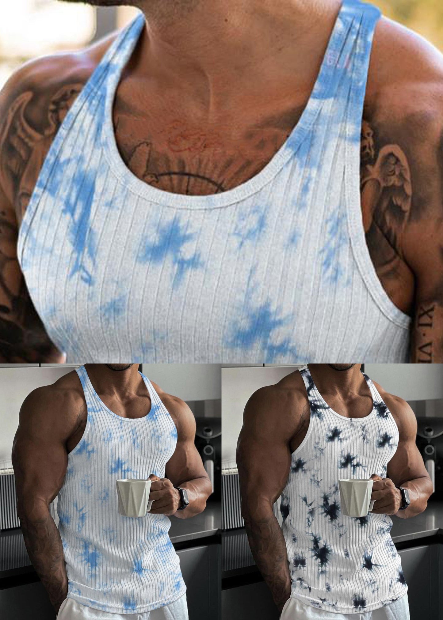 Men's Tie Neck Dye Black O Stylish Tank Cotton Summer