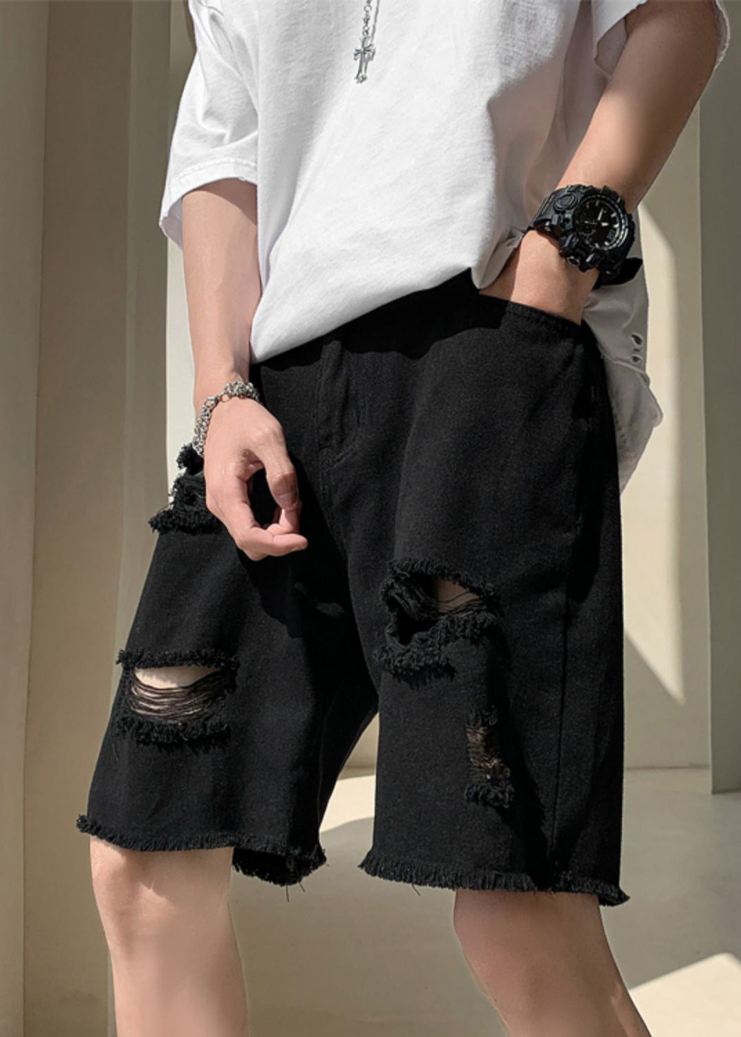 Jean déchiré taille haute noir élégant pour homme avec poches, été YL018