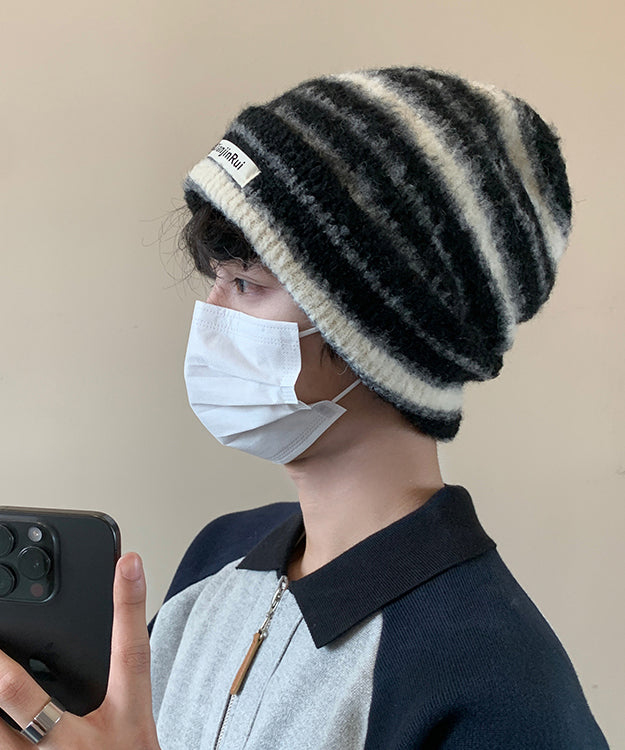 Stilvolle schwarz gestreifte Herren Bonnie Mütze aus Baumwollstrick TK032