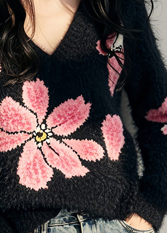 Pull en tricot noir élégant à col en V et motif floral Ma Hai Mao, printemps TN034