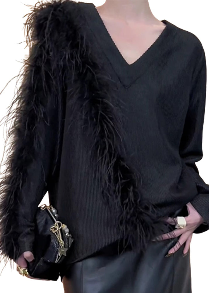 Stilvolle schwarze V-Ausschnitt Patchwork Strickpullover Winter RS042