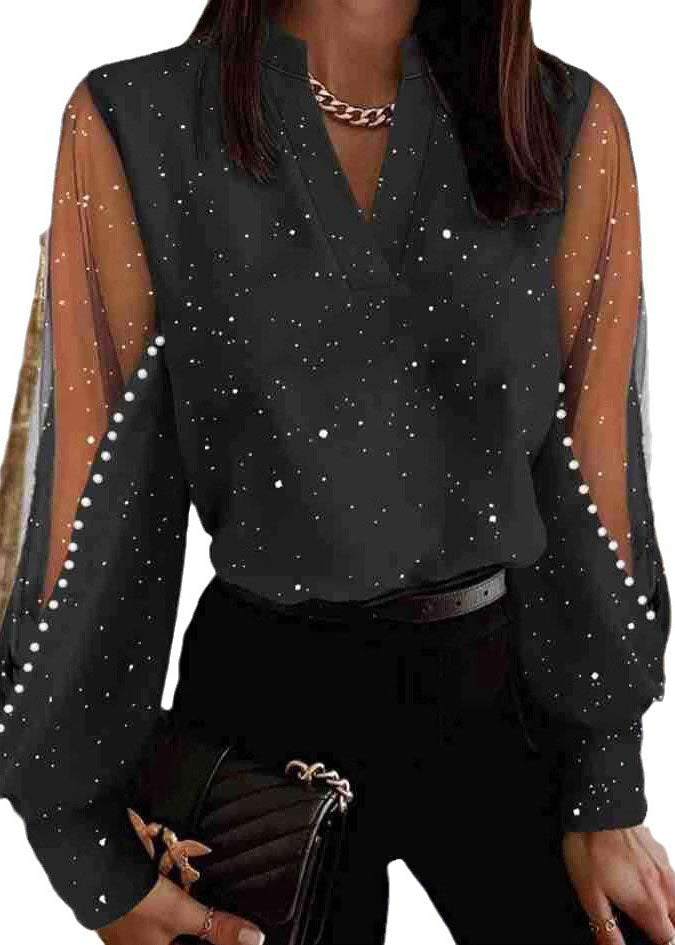 Stilvolle schwarze V-Ausschnitt Tüll Patchwork Blusen Frühling TL031