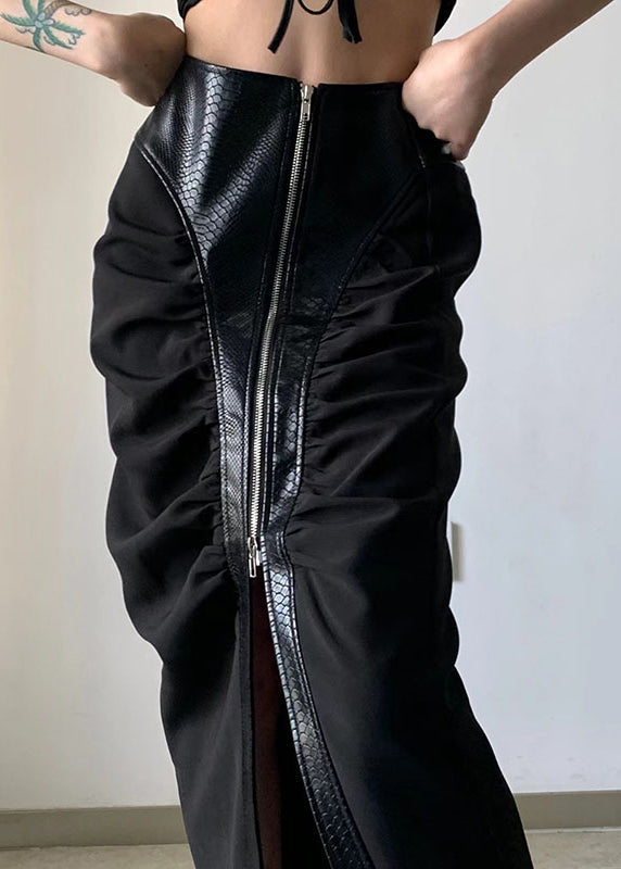 Jupe élégante en coton patchwork en similicuir noir avec fermeture éclair, automne WP046