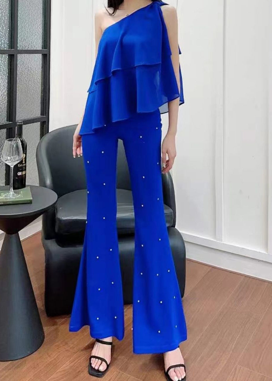 Black High Flared Trousers Fall Waist Zircon Stylish