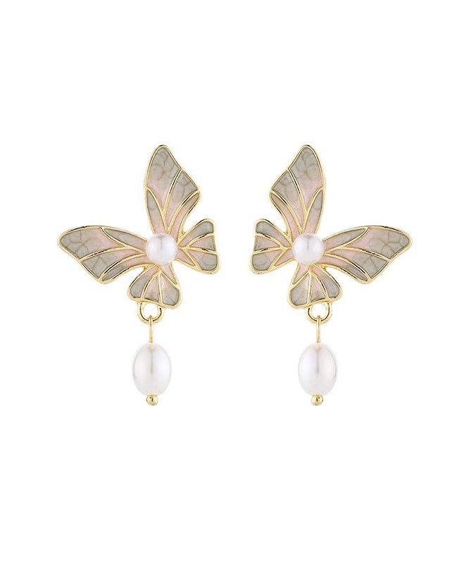 Boucles d'oreilles pendantes élégantes en cuivre bleu surdoré avec perles et pampilles en forme de papillon YX009