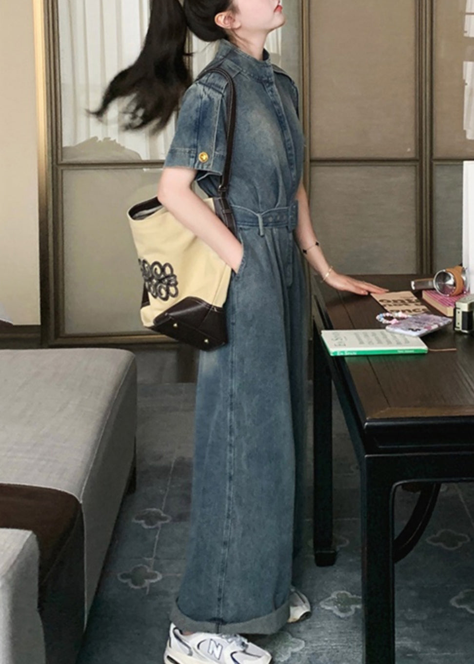 Stilvolle Blau Peter Pan Kragen Krawatte Taille Denim Overalls Sommer RU029