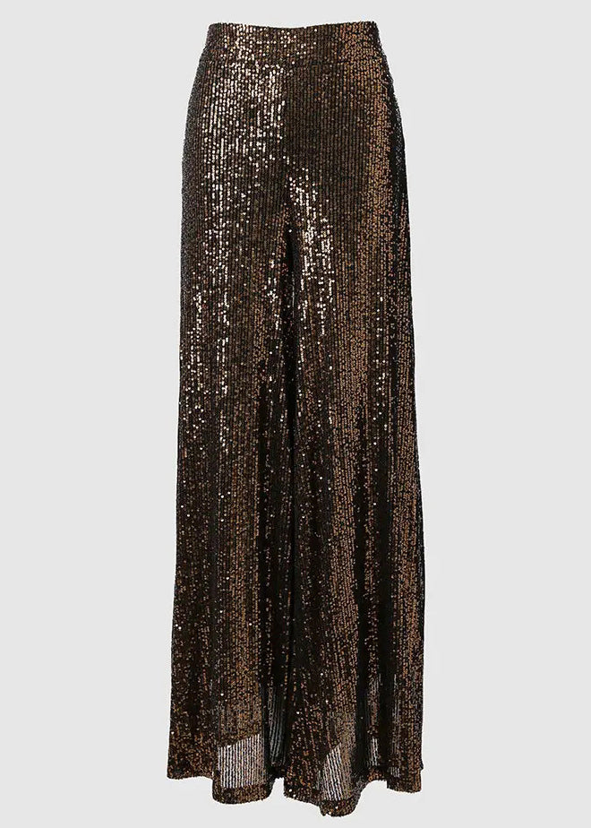 Stilvolle braune Pailletten-Hose mit hoher Taille und weitem Bein für den Sommer PP039