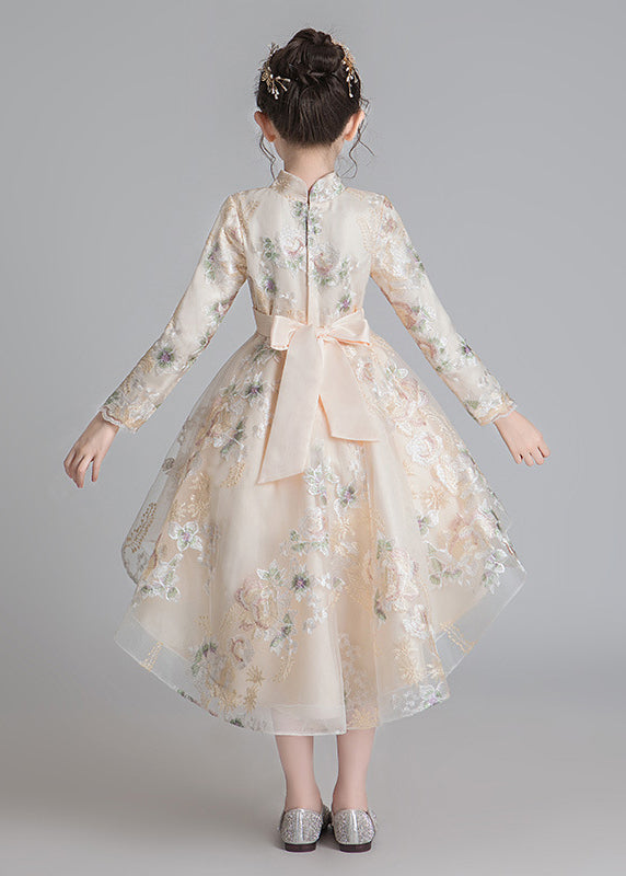 Robe longue élégante en tulle pour fille, col montant, broderies, coupe basse et haute, couleur champagne, automne QV002