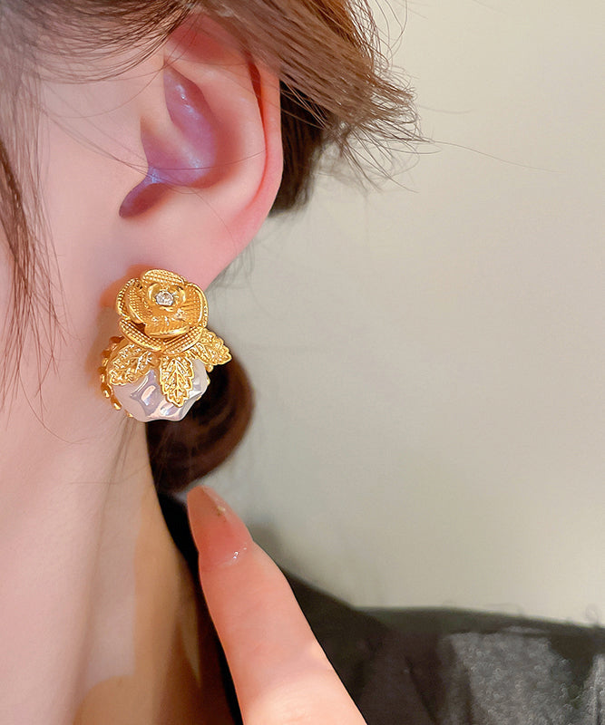 Stilvolle Goldlegierung Zirkon Floral Perle Ohrstecker WQ001