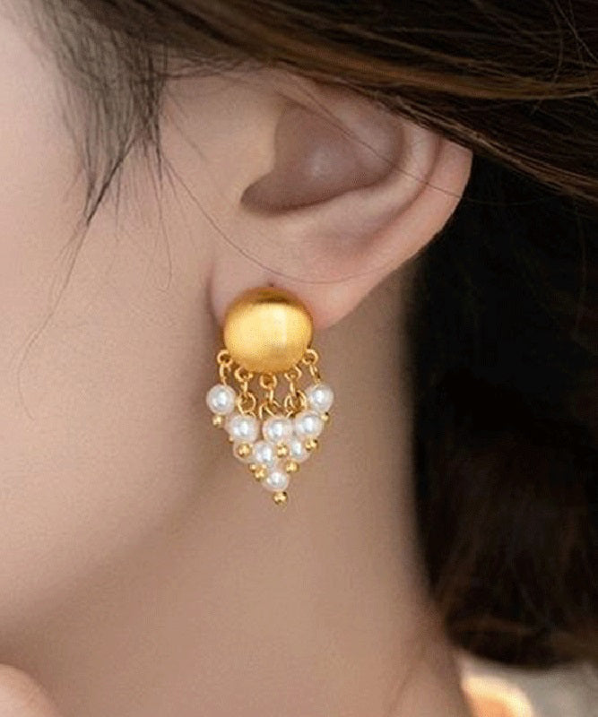 Overgild PearlTassel Metal Earrings Gold Stylish Drop